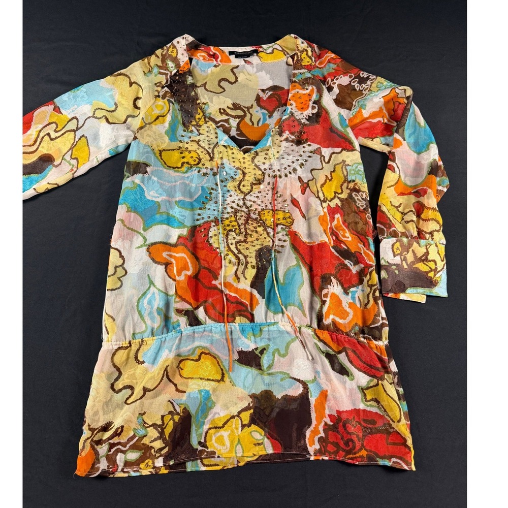 BCBGMAXAZRIA Women Abstract Print Beaded V-Neck Tunic Top Multi-Color Size M